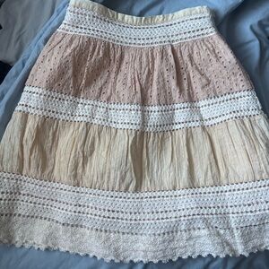 Free People Lace Accent Midi Skirt in Cream and Pink